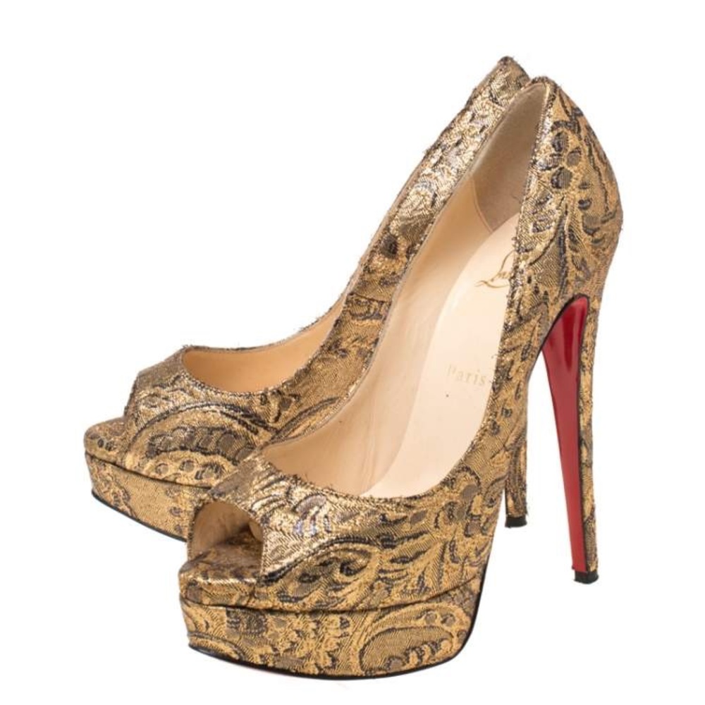 $945 Christian Louboutin Gold Brocade Platform
